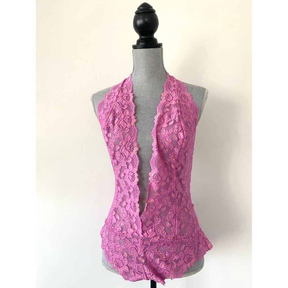 Frederick's of Hollywood Pink Lace Halter Neck Bodysuit XL Stretchy Sexy Angelic